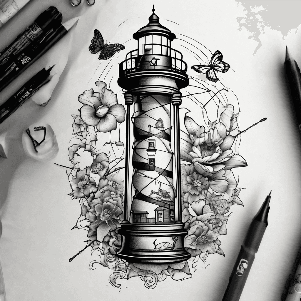 Broken hour glass with a man fishing near a light house with butterflies and flowers black n white