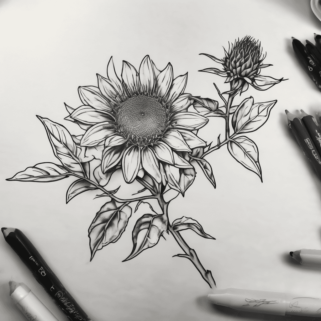 I want a lemon Myrtle branch with a sunflower and daphodill in a Smokey simple design on my back