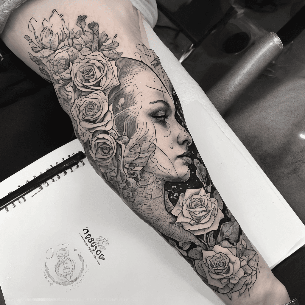 full arm sleeve: Whale, half a head, rose/flowers, space theme, mushrooms