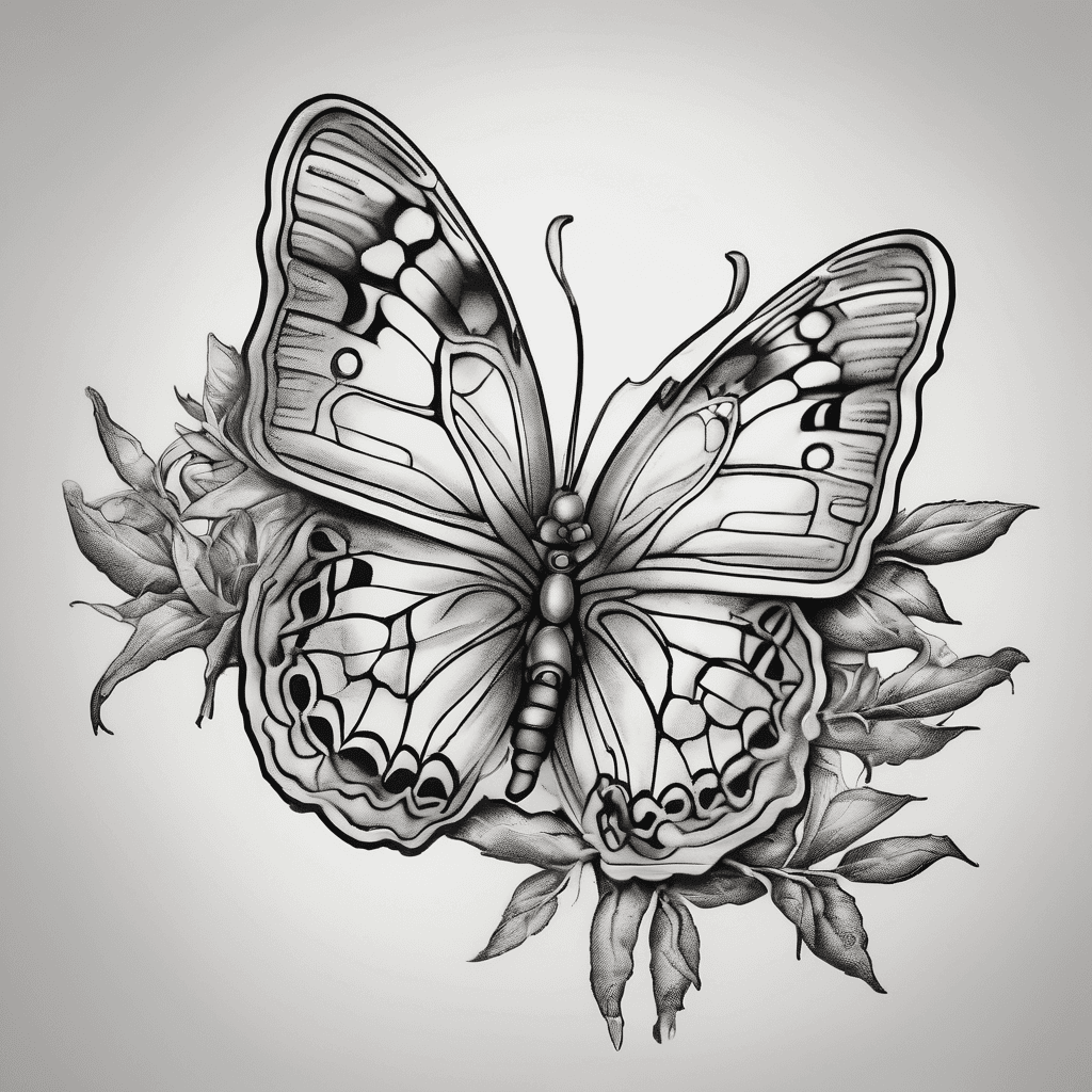 A butterfly with the breast cancer ribbon as its body, perched sideways on a branch of a Juniper berry tree