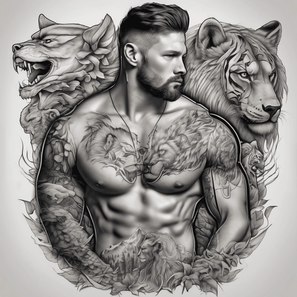 tattoo on the upper body and arms of a guy with a bear, lion, tiger, wolf, snake, hawk, eagle, cougar, and a fox