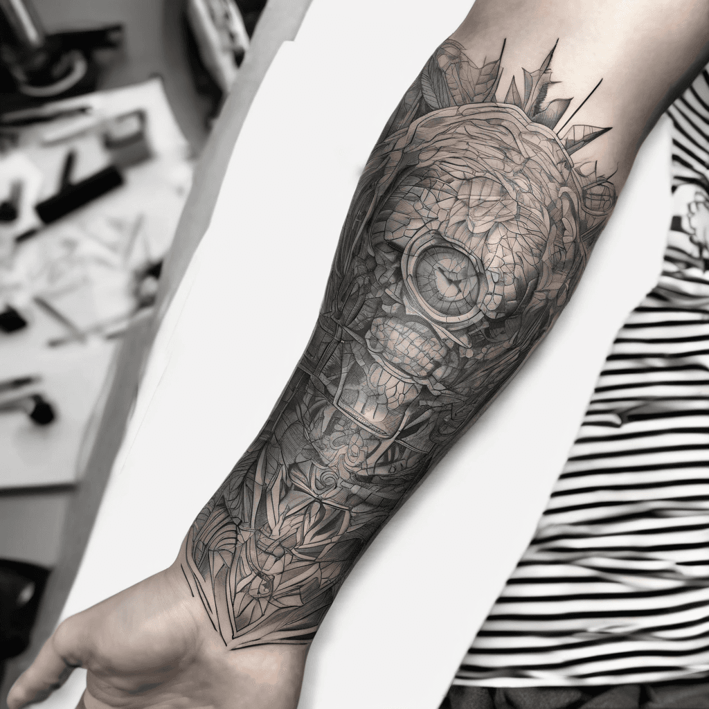 brazo parcheado con diferentes tatuajes