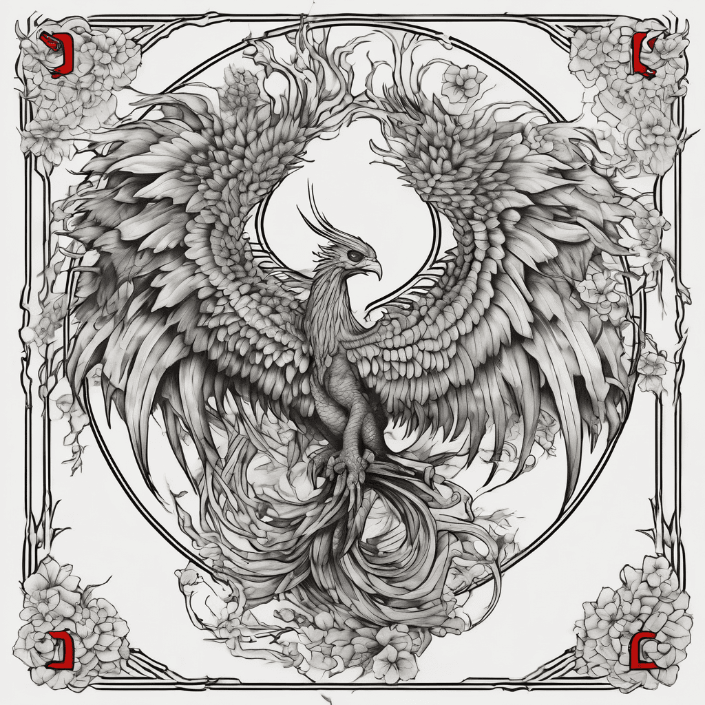A phoenix rising from flames in blacks,reds,oranges etc. To include the word unbreakable and tree letter c's in a symbol to show strength and love