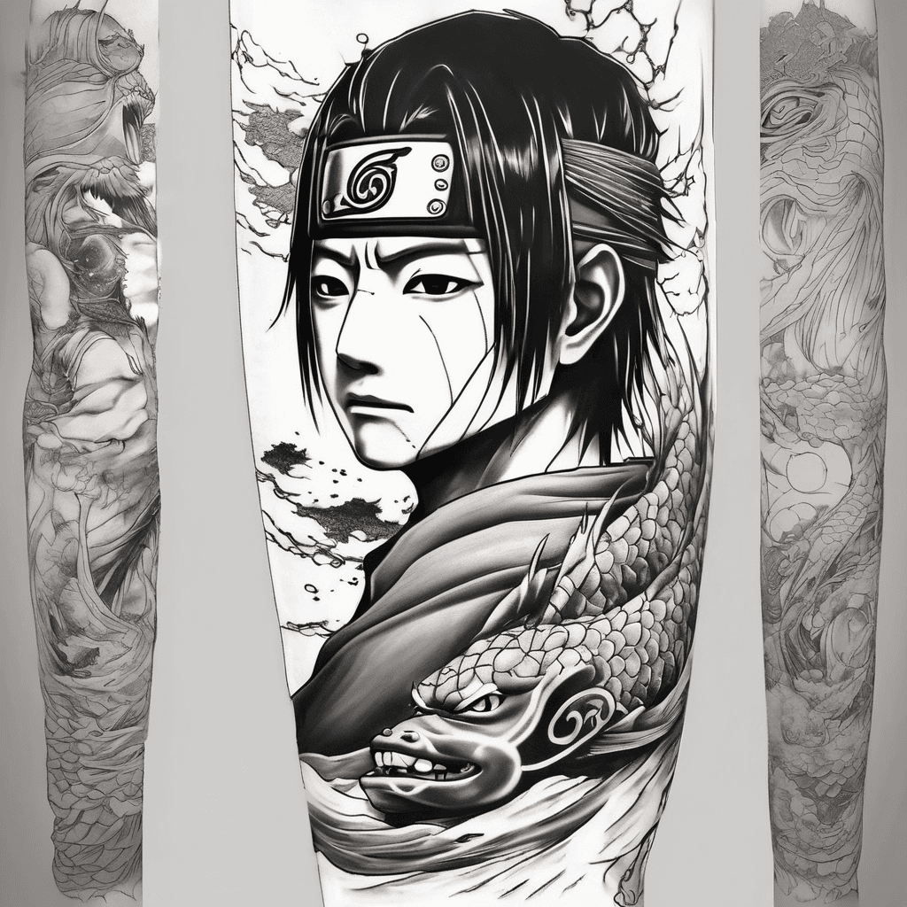help me create an anime/starwars/japanese sleeve tattoo utilzing Naruto specifically Itachi and Kakashi with a sprinkle of naruto then use some kintsugi