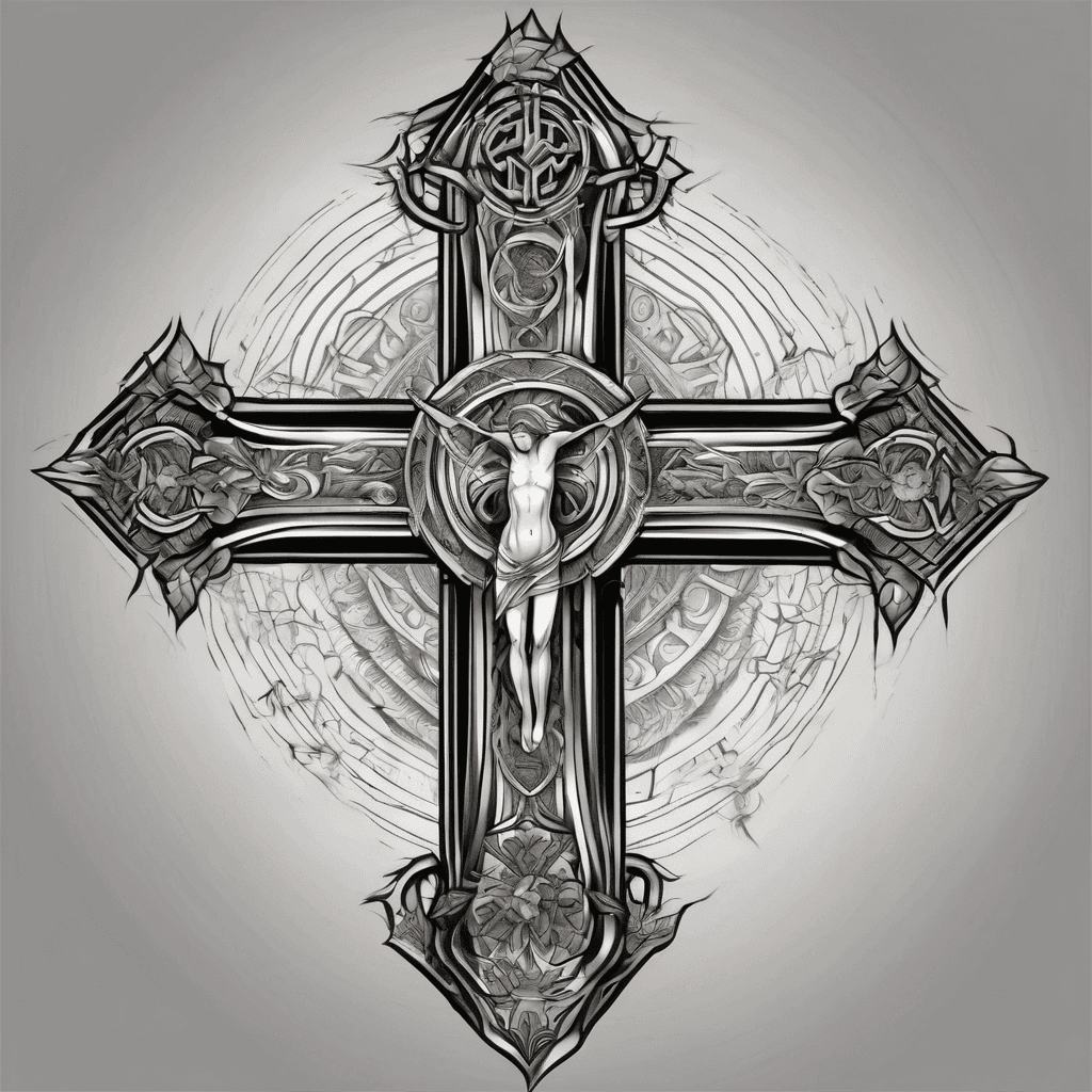 Cross tattoo with religious symbology around it