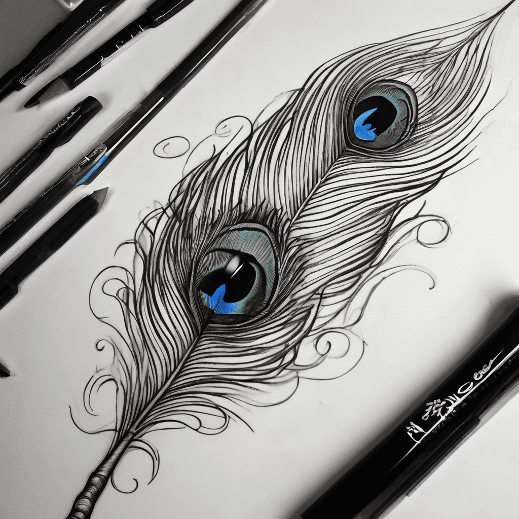 Peacock feather with it's eye on the upper forearm and then the barb and quill flowing downward while warping from behind the and coming back in front.