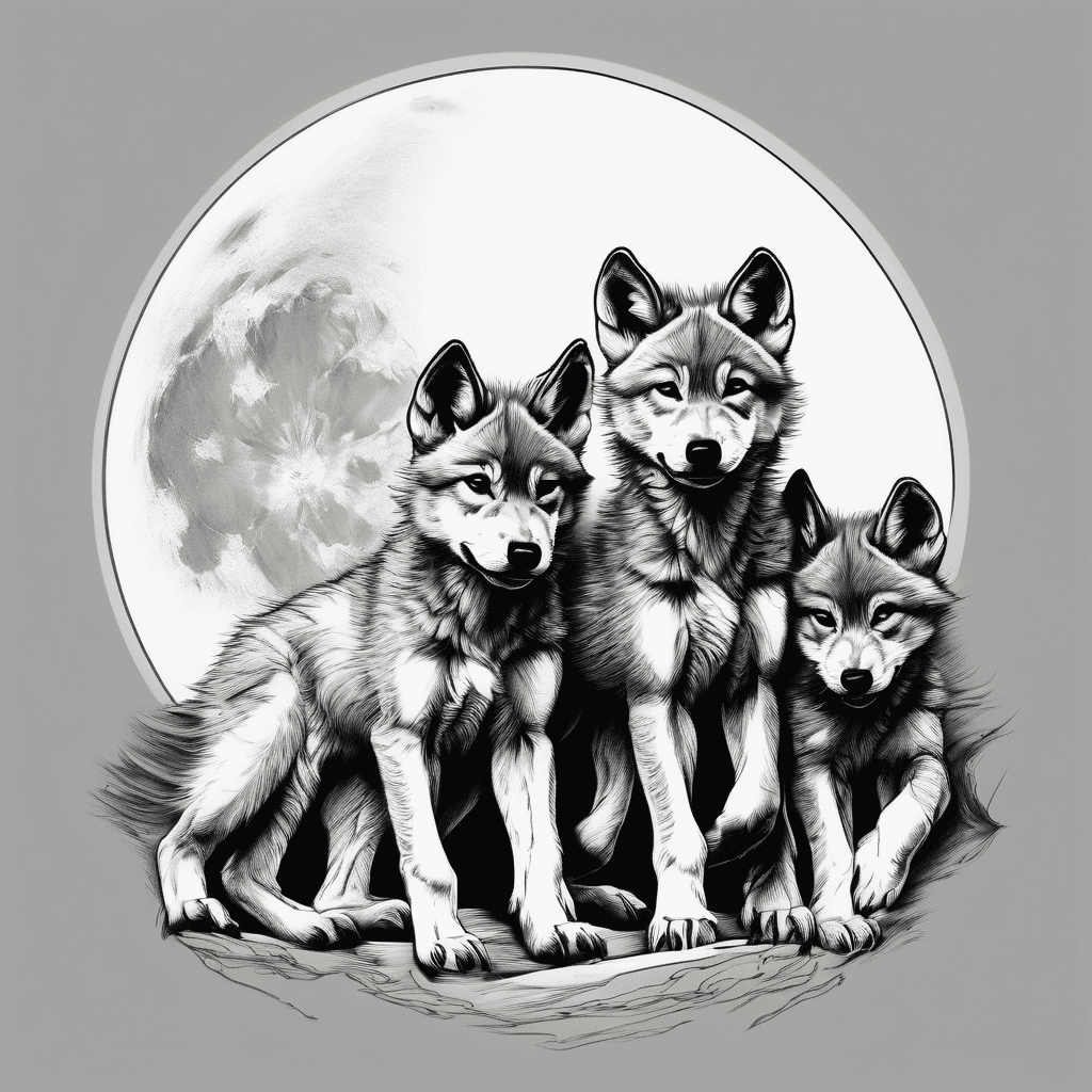 4 wolf cubs playing under the moon