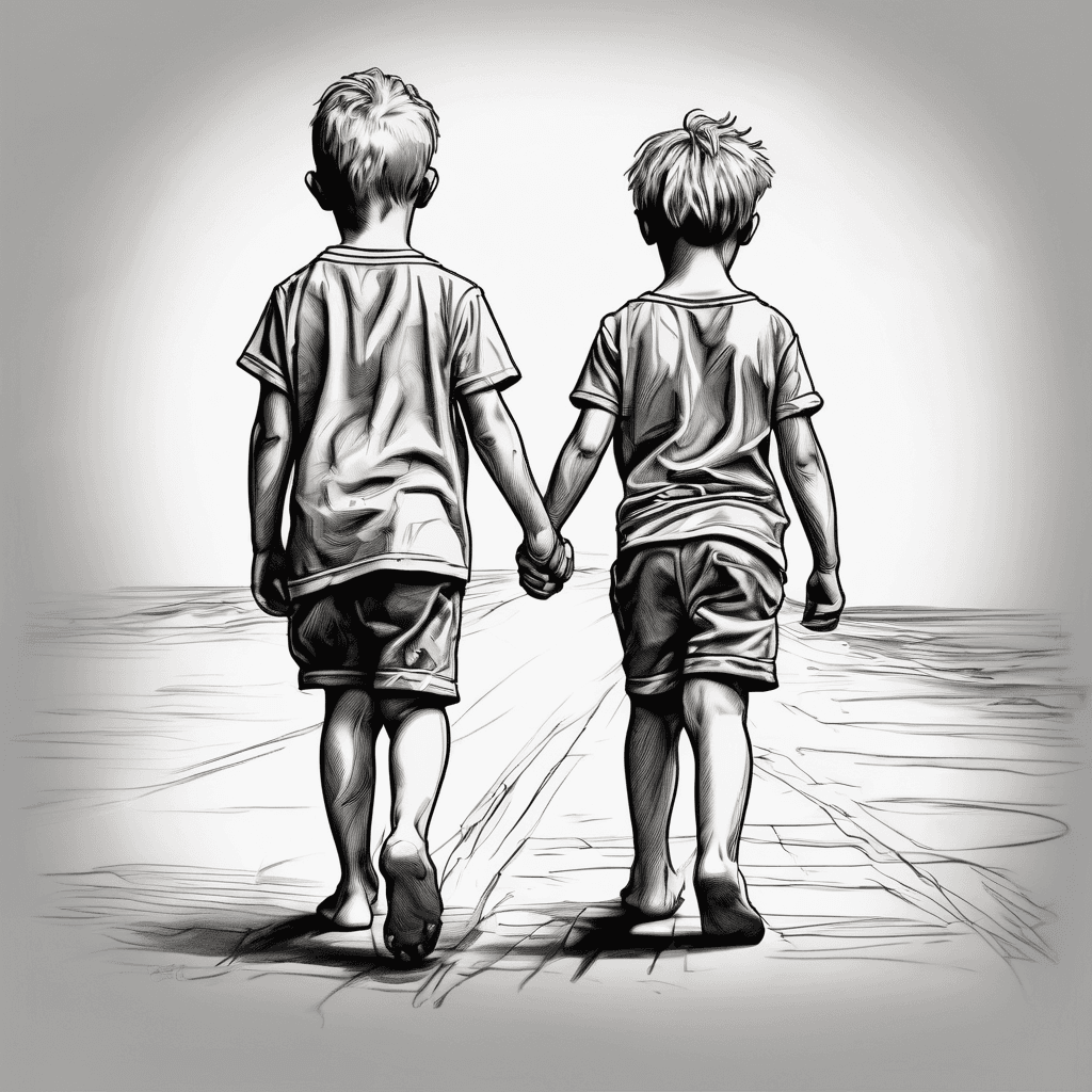 Two kids, boy 7, girl 5 both blonde with bare feet. Walking away from dark times to happier times