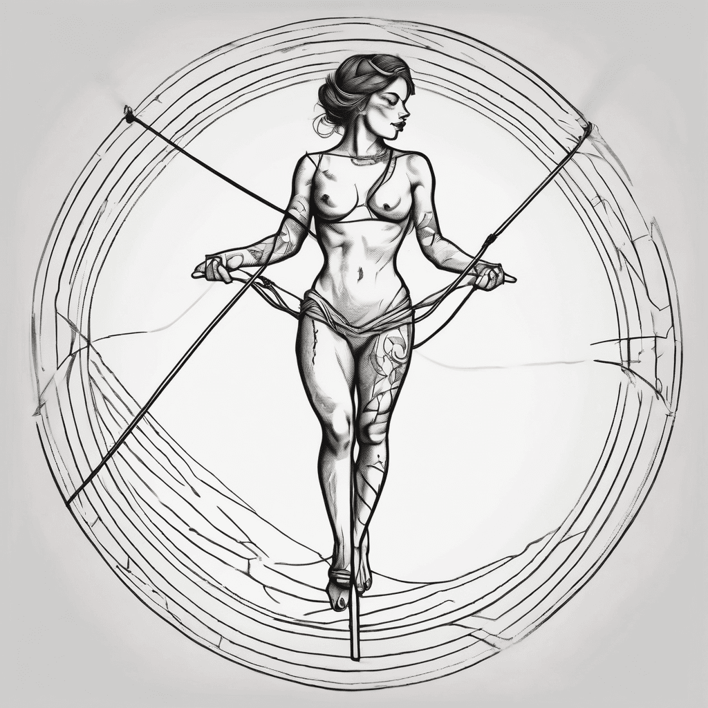 A woman balancing on a tightrope up on her toes with her arms out for balance