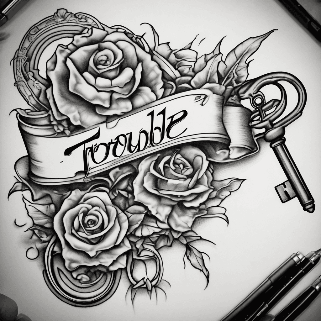 a tattoo with a key with a beautiful bow, the word "Trouble" sideways as the barrel and a unique bit