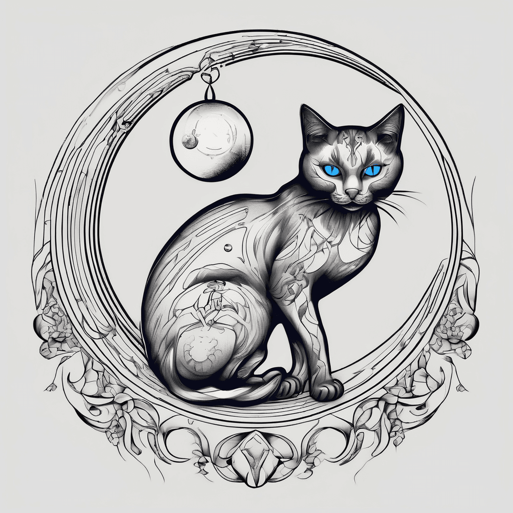 Crescent moon, black cat, small blue orb on cats paw and a crystal ball