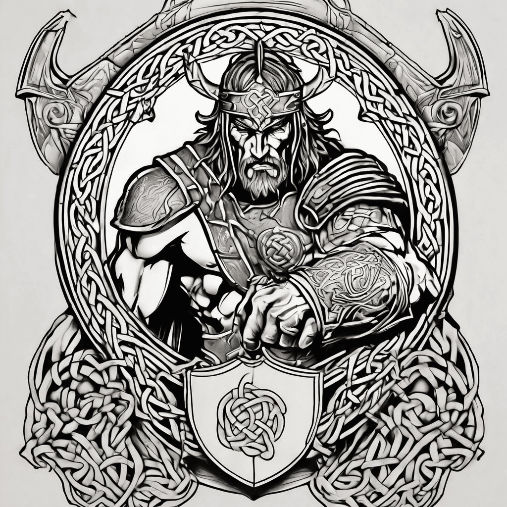 Celtic warrior cú chulainn death, tied to a stone with shield in hand, Celtic and Irish themes