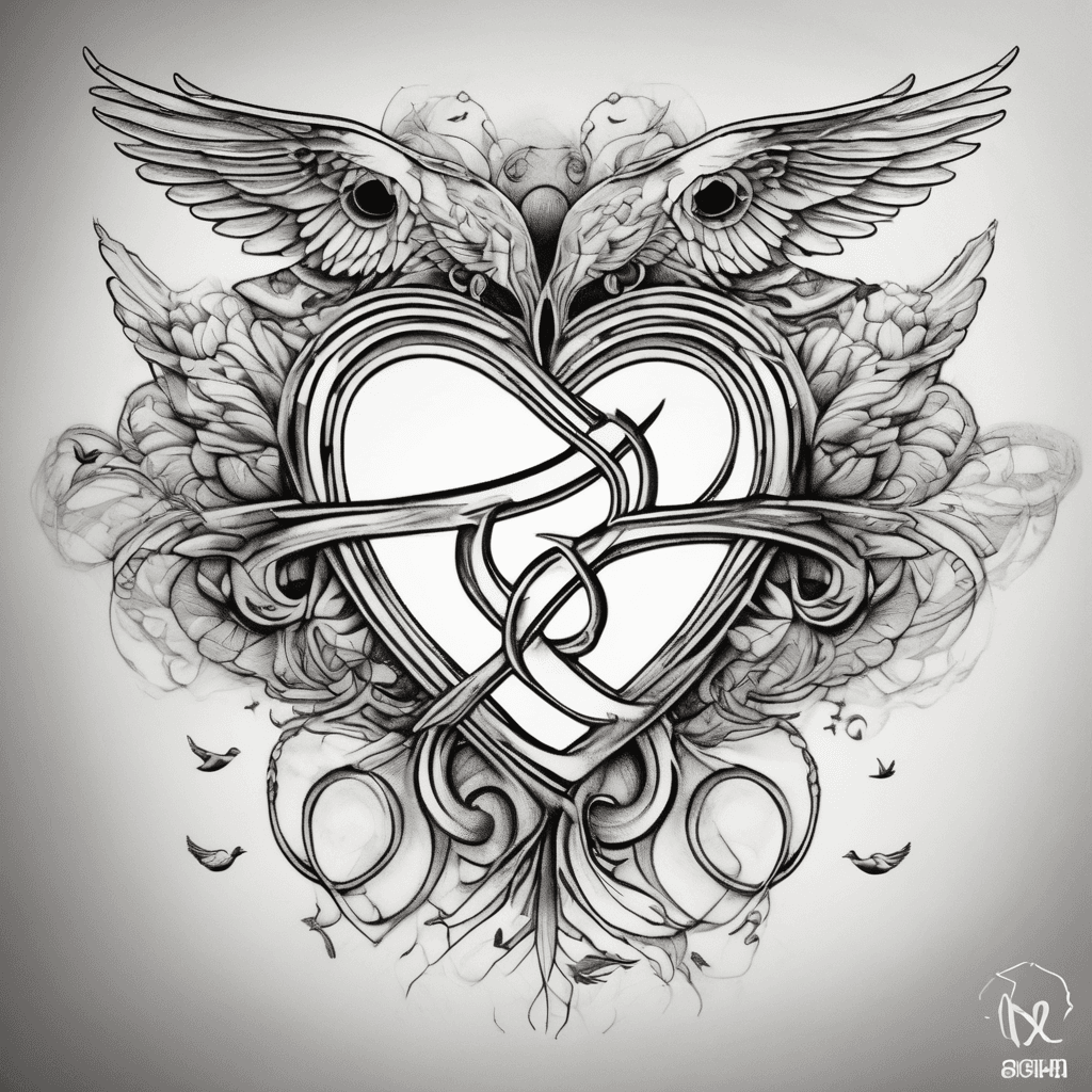 Infinity symbol with birds flying integral in top left loop and Puna integral to top left loop and Forever integral to bottom right loop. A heart on each side with a band connecting the hearts