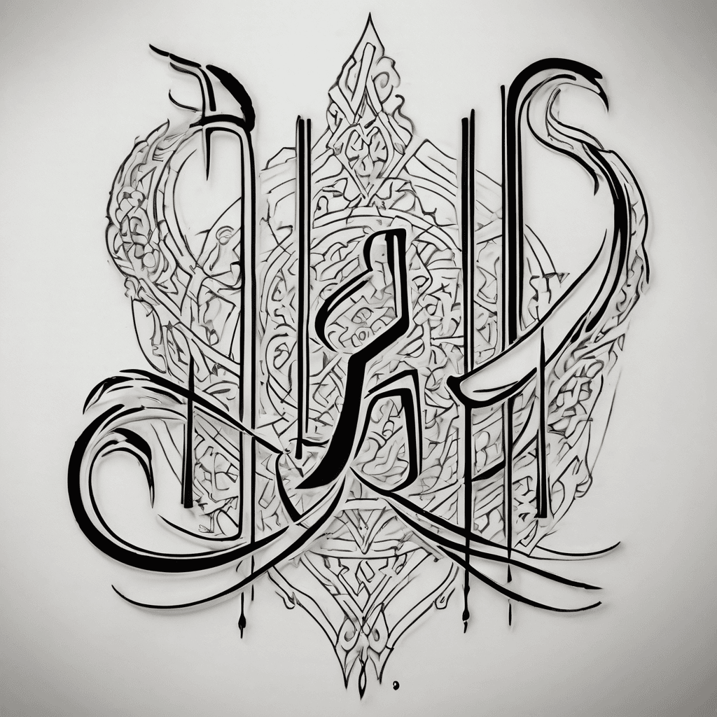 "Baybayin script tattoo spelling 'Luminate', styled in Persian calligraphy with elegant vertical composition, fluid sweeping strokes, thin and thick line contrast, dramatic flourishes, fine black ink linework, minimal and delicate, white background, designed to fit behind the ear, no color, no shading"
