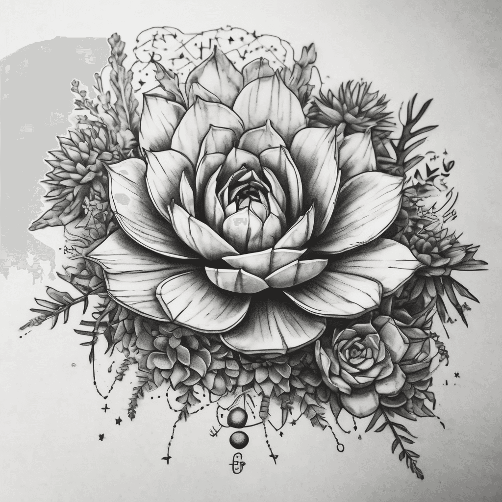 * A large succulent bloom as the centerpiece. * A delicate cross incorporated into the leaves rather than standing alone. * Flowing cactus and succulent clusters wrapping around the arm. * Initials Hidden among the plants * A constellation of the zodiac sign Cancer. * A crescent moon and stars * Roman numerals hidden within the stems * A small paw print integrated into a flower * A wine glass * A scripture reference * A compass