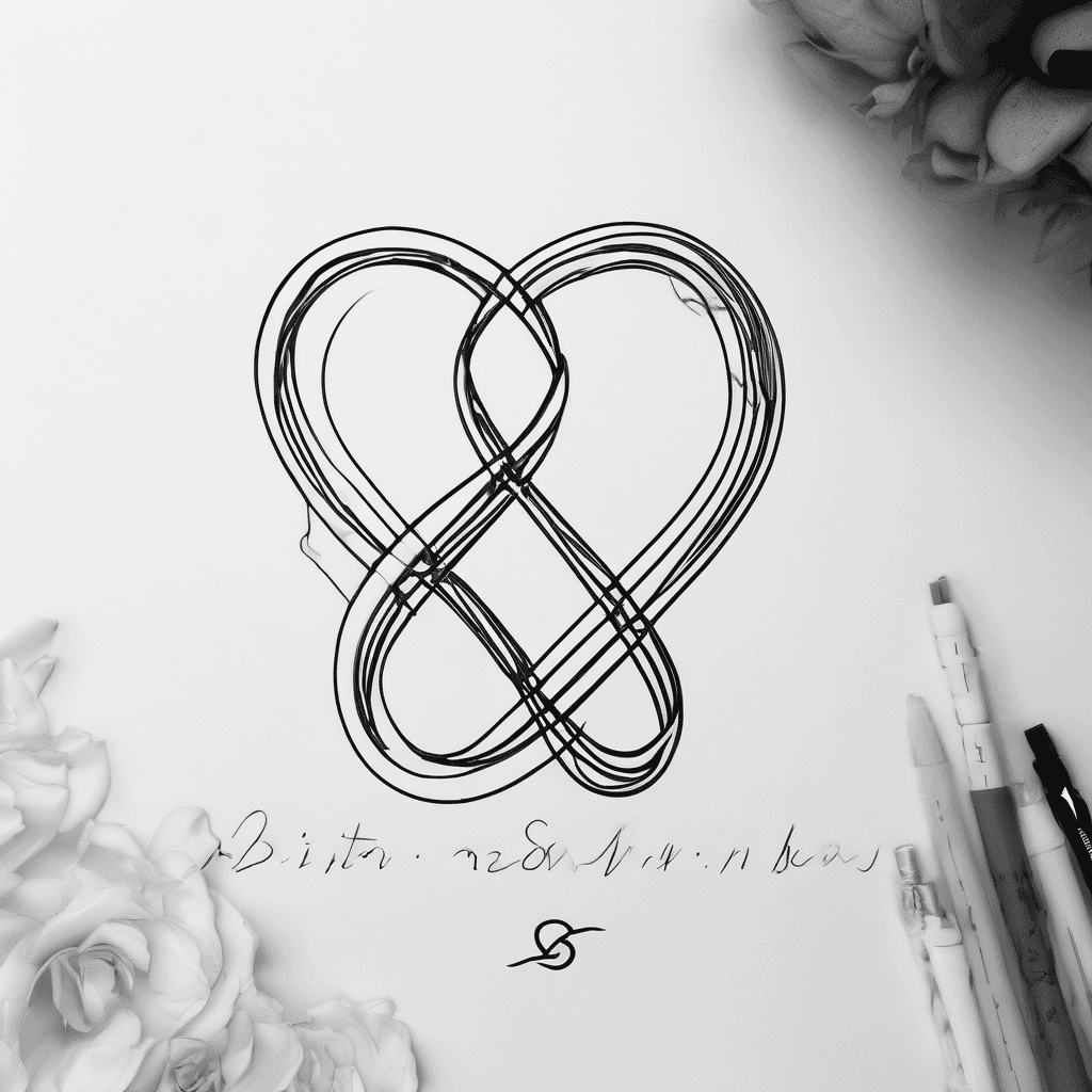 Minimalist line art tattoo design, bohemian style. An infinity symbol made of clean fine lines on a pure white background. The names "Britten", "Robin", and "Grette" are elegantly blended into the lines of the symbol in a delicate script font. Include a tiny minimalist heart and a small simple animal paw print woven into the design.
