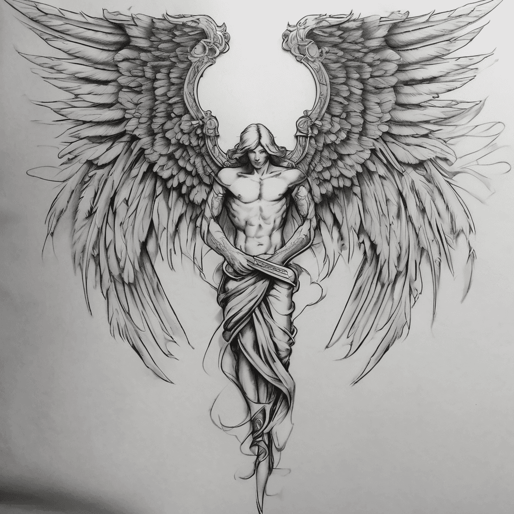 Angel wings along the back that extends past down the shoulders down the arms. The left sleeve will be a depiction of hell and the right sleeve will be a depiction of heaven. The top part of my spine will be a pitchfork that will then transition into an angel dagger (tri-bladed dagger)