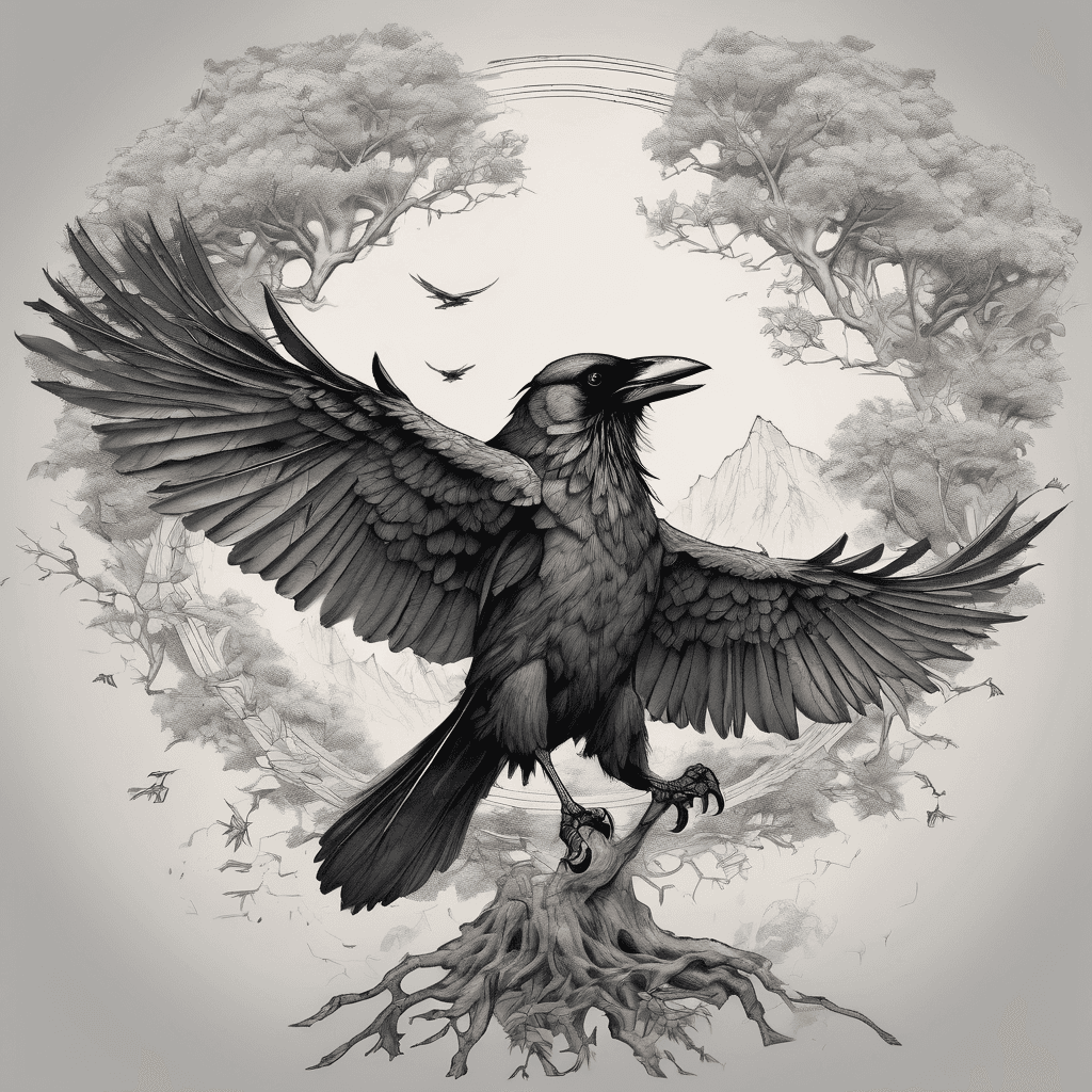 A majestic crow at the top with wings fully spread in protection. The wings naturally transforming into the canopy of a large tree. A strong, weathered tree trunk symbolising your husband. Four subtle child elements integrated into the branches: A branch reaching toward distant mountains (eldest son). Blossoming artistic branches (second son). Dynamic, wind-swept climbing branches (third son). A bright flower in bloom (daughter). The trunk gradually transforming into an anatomically inspired human brain. Deep roots spreading through the earth with new shoots and flowers emerging. A staircase beginning in the roots and ascending toward the tree, with a father leading four children. Hidden details including: A heart formed naturally by intertwining roots. A feather becoming one of the roots. Small personal symbols woven into each child's section. Overall style: highly detailed black-and-grey realism with organic transitions, designed as a full upper arm/half-sleeve tattoo