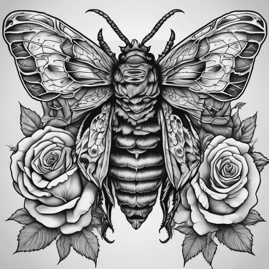 A deaths head moth bordered by roses and 2 crows