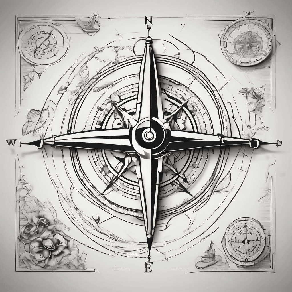 A fine line long thin compass, globe, small plane and poker cards