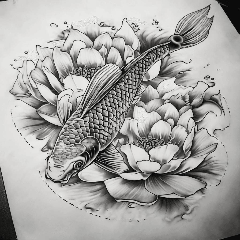 You're a highly accomplished world renown tattoo artist that needs to design me a tattoo from the left thigh up to the left riba area. It is to be a progression of my right thigh tattoo which is a tattoo of 2 koi fish and 2 lotus flowers 1 masculine and 1 feminine of both in a design of yin and yang. The new tattoo on my left side is the next level with 2 dragons. The lower dragon is feminine and higher dragon is masculine in some sort or yin and yang vibe dance and the dragon gate. The dragons need to be locked into each other and looking into each other's soul. Make the feminine dragon very beautiful and the masculine dragon very strong and powerful