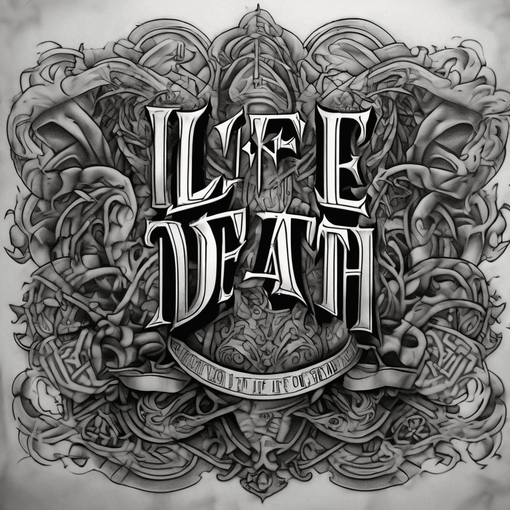 Expand black mid-calf "Life/Death" ambigram into black/grey realism half-sleeve (knee to ankle). Ambigram must blend in, not be a focal point. Use low-contrast embedding: pack deep charcoal storm clouds, rich grey washes, or dark sails behind text so it camouflages into the background. Place a high-contrast fierce animal portrait below knee as main focal point to pull eye up. Below text, taper a sailing ship into heavy, dark seas at ankle. Weave rigging/clouds through script to break its silhouette.