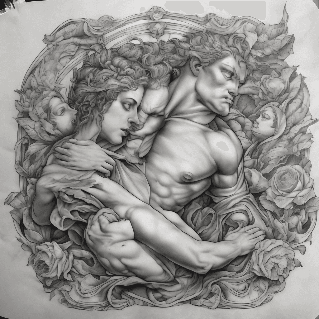 A back tattoo in the style of Michelangelo Sistine chapel depicting hades and persephone with the gods pulling persephone away at the top and the dead pulling hades back to the underworld below but they're reaching for eachother