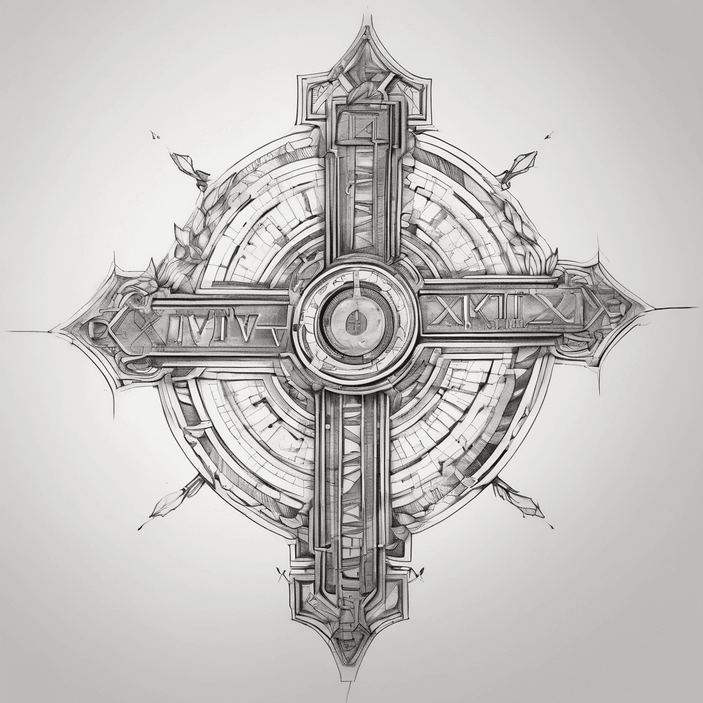 A minimalist, fine-line geometric tattoo design on a pure white background. The design is shaped like a balanced cross or matrix. In the exact center is a bold Roman numeral "IV". Directly above the central IV is the Roman numeral "LXXIII". Directly below the central IV is the Roman numeral "IX". Directly to the left of the central IV is the Roman numeral "LXXXIII". Directly to the right of the central IV is the Roman numeral "VI". Leave clean white space between the numbers so they do not touch. High contrast, perfectly straight lines, no serifs, sans-serif style, tattoo flash sheet art, zero shading.