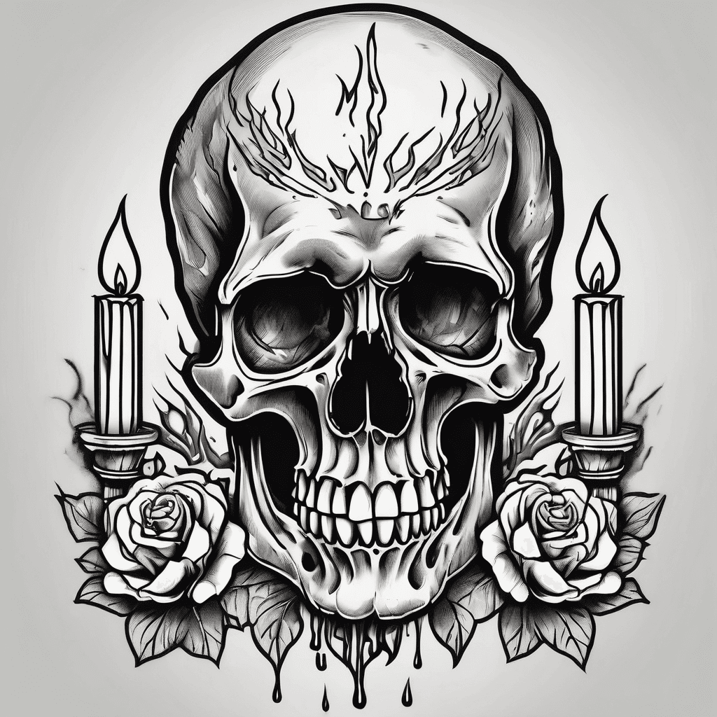 skull with a candle on top that burned halfway down and wax dripping down the skulls face