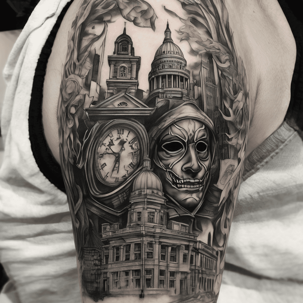 Smile Now, Cry Later masks in a darker, high-contrast black-and-grey realism style. * No schools or buildings like Central High. * Providence represented by: * Providence skyline * Providence River and WaterFire braziers * Rhode Island anchor and wave elements * Providence Place clock tower or Superman Building silhouette * Maryland roots incorporated subtly, such as: * Outline of Maryland fading into Rhode Island * Chesapeake Bay waves blending into the Providence River * Maryland flag details hidden in cracks or smoke * Guatemala represented by: * Antigua Arch * Volcán de Agua/Fuego * Guatemalan flag (keep) * “De mi tierra no me olvido” (keep) * Bible verse: * Philippians 4:13 * “I can do all things through Christ who strengthens me.” * Written in elegant script flowing through the smoke. * Cracked transition down the forearm, symbolizing your journey: * Maryland → Providence → Guatemala * Very little empty color, mostly smooth black and white shading like the tattoo reference you showed.