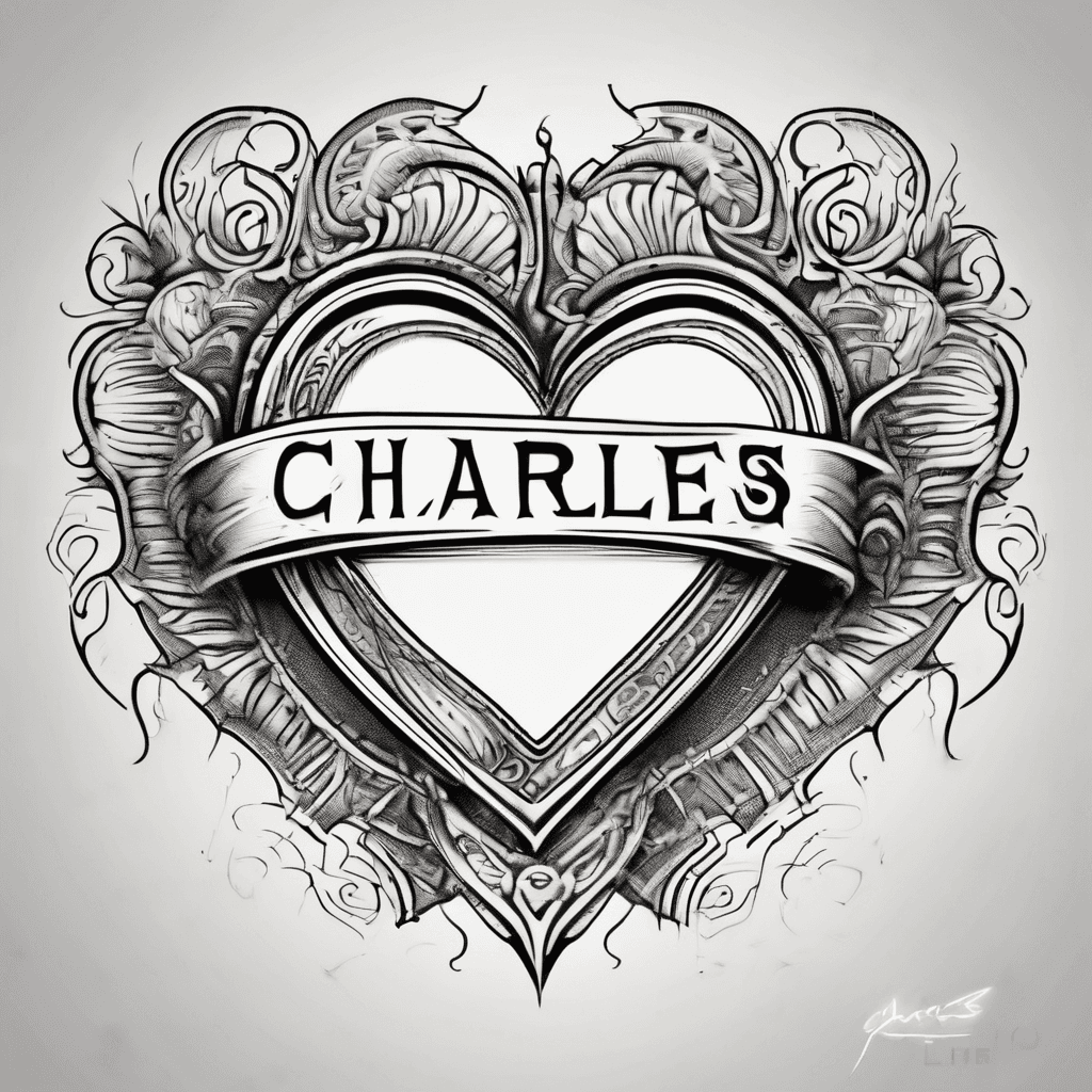 A halfway open heart with the name Charles written through the middle of it