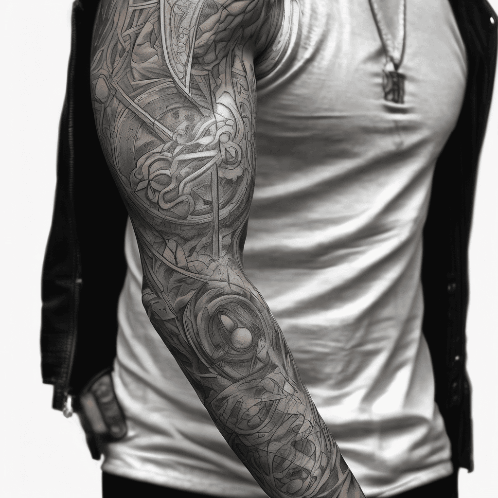 A left arm full sleeve tattoo that incorporates Christian symbolism and my wife’s and three boys birthdays.