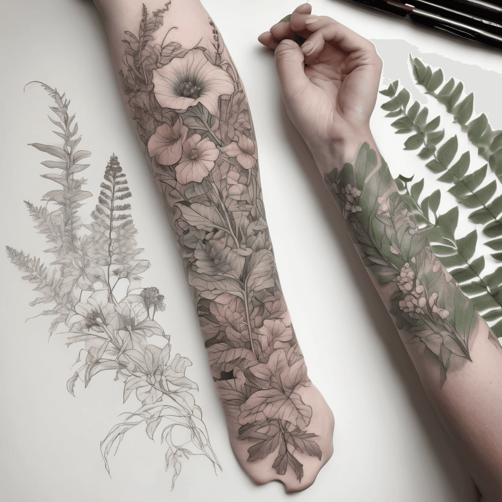 A forearm tattoo design that wraps naturally from the wrist to the elbow in a gentle spiral. Delicate botanical vine with ferns, blackberry vines, foxglove, hellebore, Queen Anne's lace, wild grasses, and olive leaves. Muted earthy colors including sage green, forest green, olive, burgundy, dusty mauve, cream, and golden ochre. Fine-line botanical illustration style with medium-weight stems for longevity, airy composition with lots of negative space, vintage botanical field guide aesthetic, woodland cottagecore, elegant and feminine, designed specifically as a realistic tattoo stencil on a forearm.