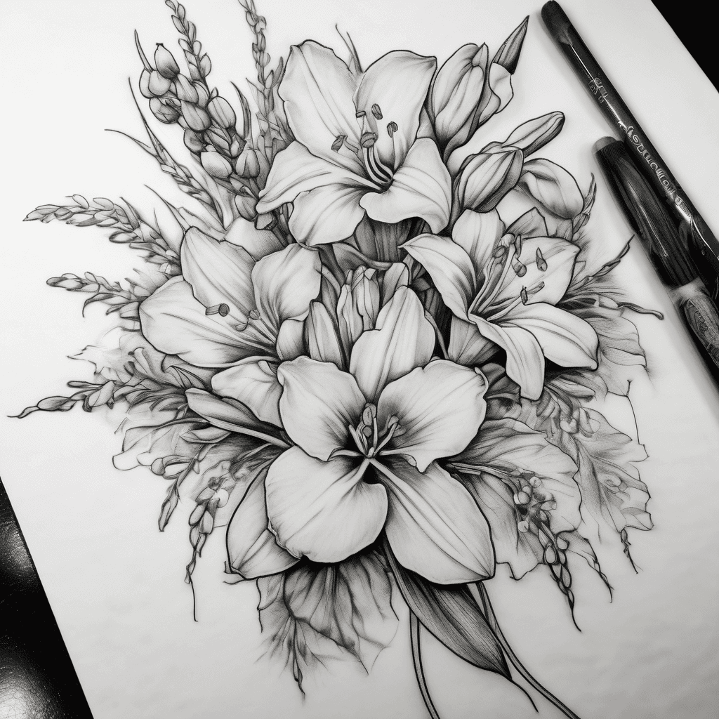 Fine-line black and grey floral thigh tattoo using a vertical scar as the main stem. At the base: daffodil intertwined with a small sun and tiny ground/grass detail. Above that: lily-of-the-valley and hawthorn sprigs. Mid-stem: one poppy or gladiolus bloom. Upper stem: tall larkspur sprig. Calm, peaceful, hopeful mood. Minimal shading, delicate linework.