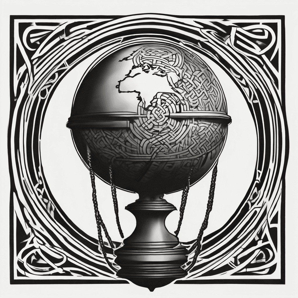 "A vertical Nordic and Celtic blackwork tattoo designed for the outer bicep, blending music production, world travel, and ancient mythology. The centerpiece is a minimalist globe outline framed by a heavy Celtic knotwork border. The world continents inside the globe are constructed entirely out of sharp, vertical audio frequency waves and equalizer bars. Interlocking geometric runes and Norse Vegvísir (compass) linework emerge from behind the globe, blending with technical drafting lines and soundboard markers. Intricate dotwork shading, clean knotwork symmetry, pure black ink, flash sheet format on a solid white background, no human skin in the image, tattoo-ready stencil style."