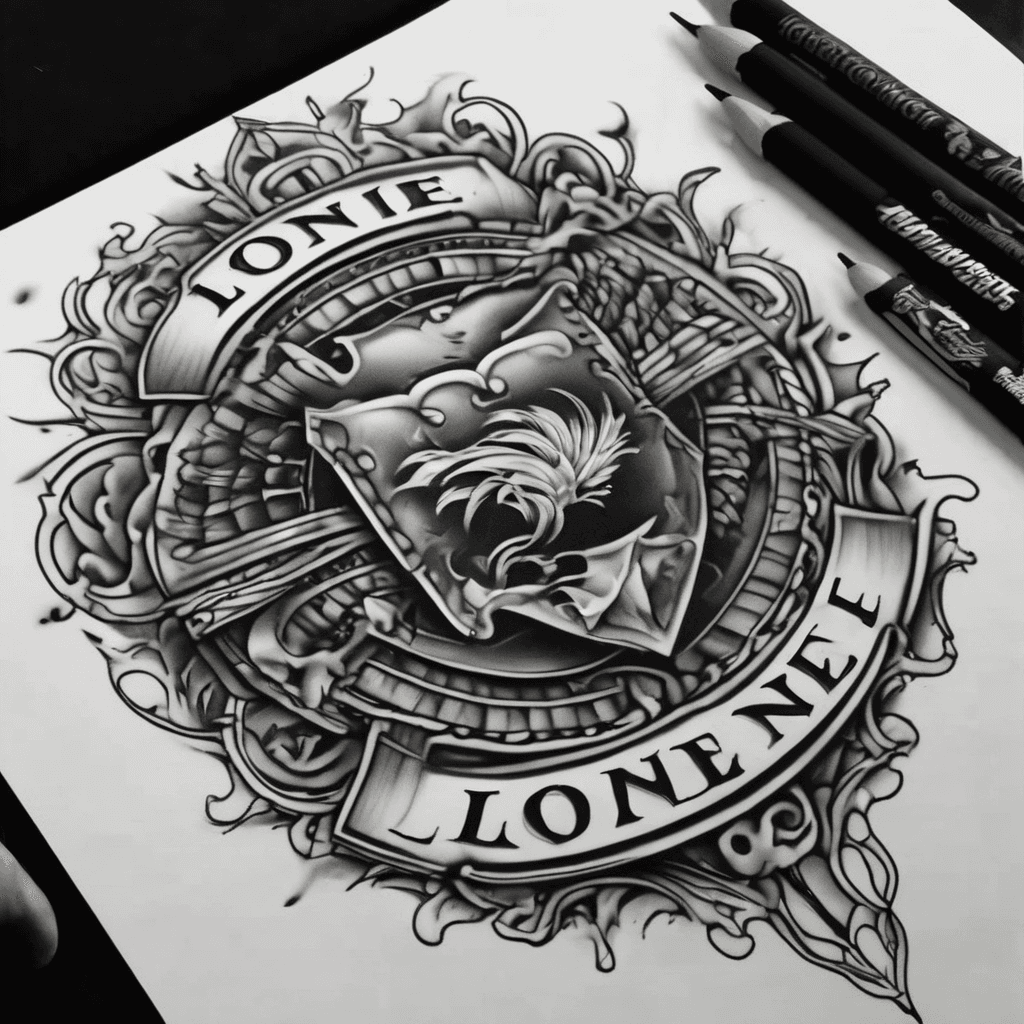 Make a tattoo for a man down the top of the forearm that says “LOONIE” old English style . shaded around the edges with smoke and clouds around it