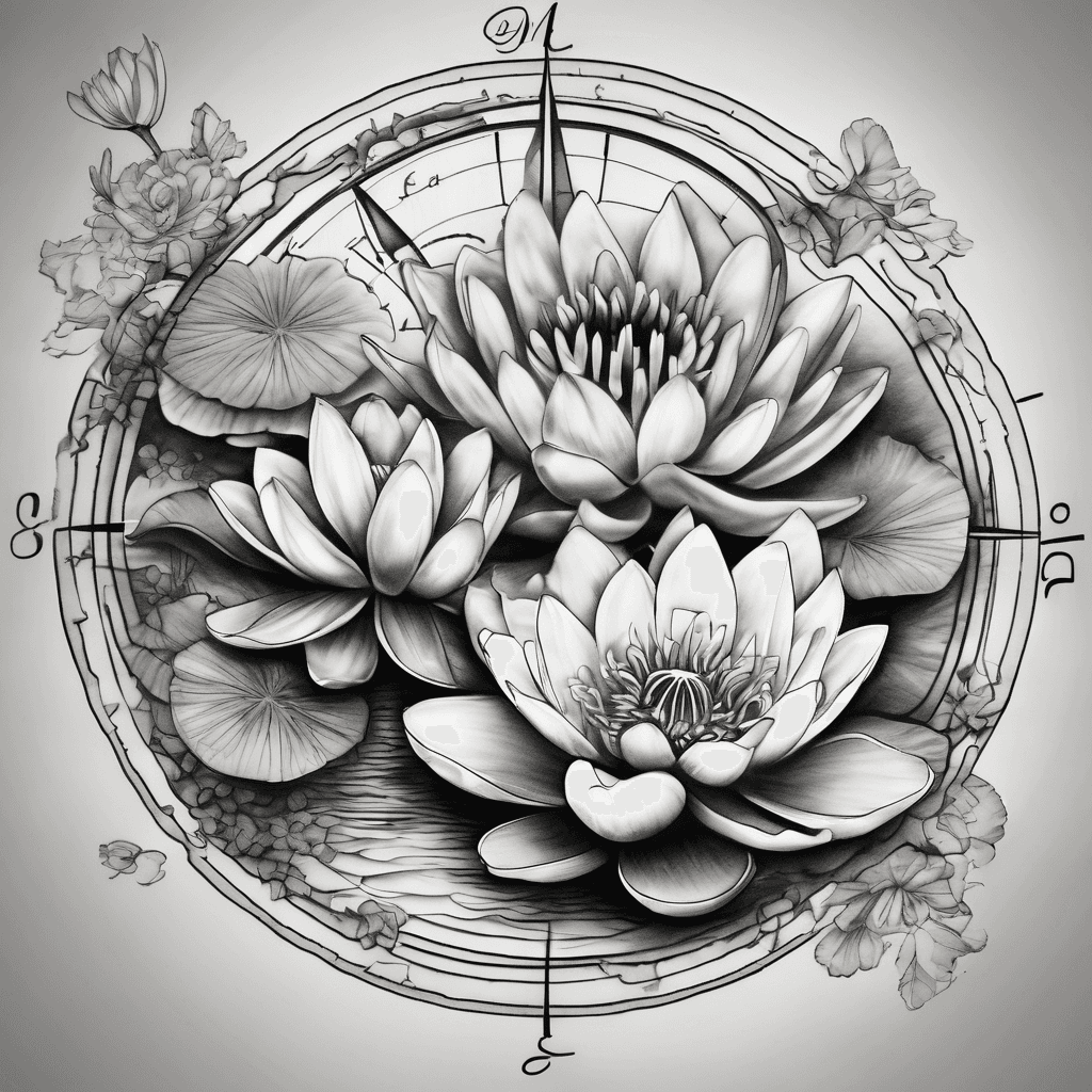 Water lily flowers and larkspur flowers around a compass with a cursive font embedded in the flowers that says "Each one teach one"