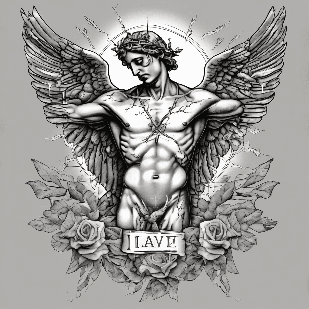 I have the text "power through love" across the chest - combine it with the hands of the sistine chapel, a simple nail cross in solar plexus dripping blood and white doves with olive branches