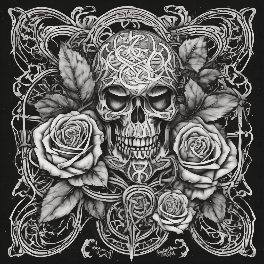 Custom masculine lettering tattoo design. Gothic script intertwined with tribal filigree. Features hidden 69 Cancer glyph and Aquarius water waves. Accented with detailed blackwork roses and a sharp, dark heart outline. Fine-line stipple shading, flash sheet style."