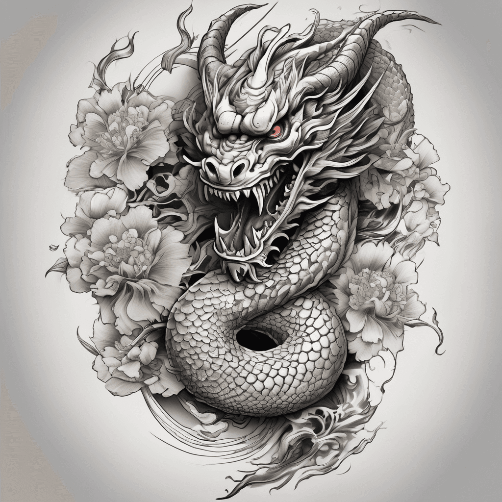 Japanese dragon sleeve design with skull above the elbow on the outside upper arm and another skull on the upper inside forearm