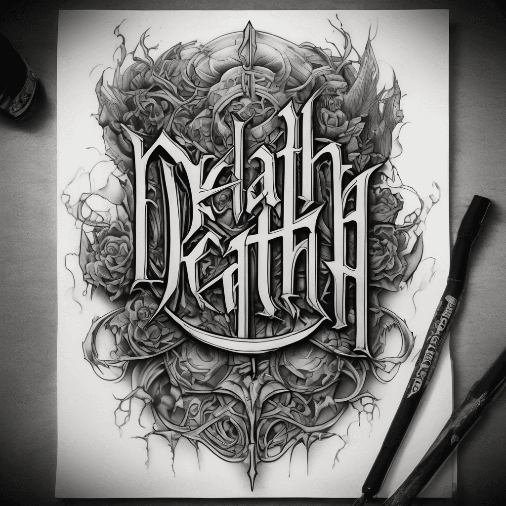 Full back tattoo design in a bold black-and-grey realism style. At the top across the shoulders, the words "DEATH BEFORE" in large Gothic/Old English lettering. In the center, a massive "V1" in a strong, angular, military-inspired font as the focal point. At the bottom across the lower back, the word "DISHONOR" in matching Gothic lettering. Behind the text, a pair of large, detailed tattered angel wings extending from shoulder to lower back, with layered feathers, dramatic shading, and subtle cracks for a weathered, battle-worn appearance. High contrast with deep blacks and smooth grey gradients, symmetrical composition, designed to fit the contours of the back with no color.