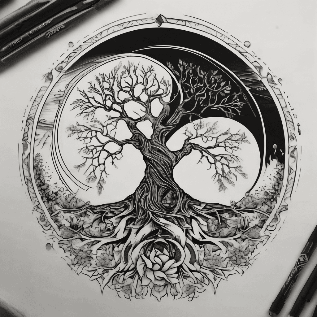The yin yang symbol mixed with the Nordic tree of life. So above the yin yang should be the Nordic tree of life