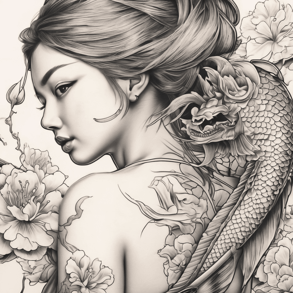 female back tattoo sword, coy fish