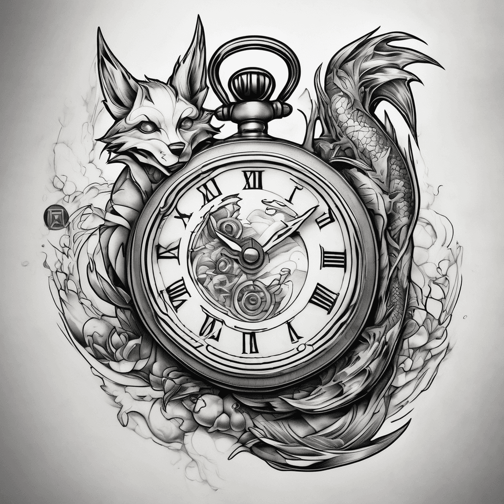Pocket watch with 16/12/2023 and 1pm, a fox, a playstation remote, rocket league league ball, Apex legends pathfinder