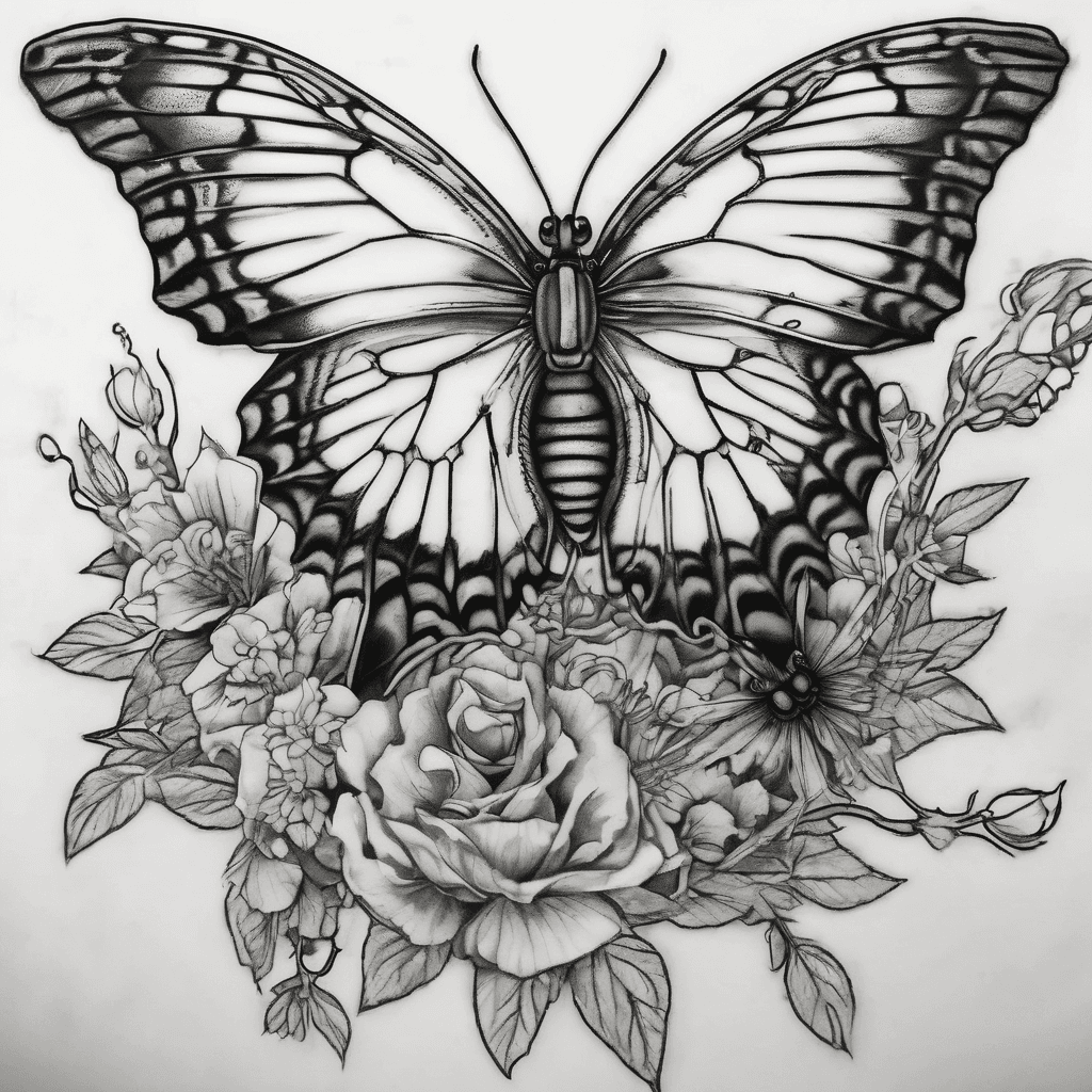 a butterfly with a bee stinger protecting a few caterpillars from a spider on a branch that branches out 3 times on the left side of a man's chest? The branch has multiple living and dead drooping anointed flowers on it as well