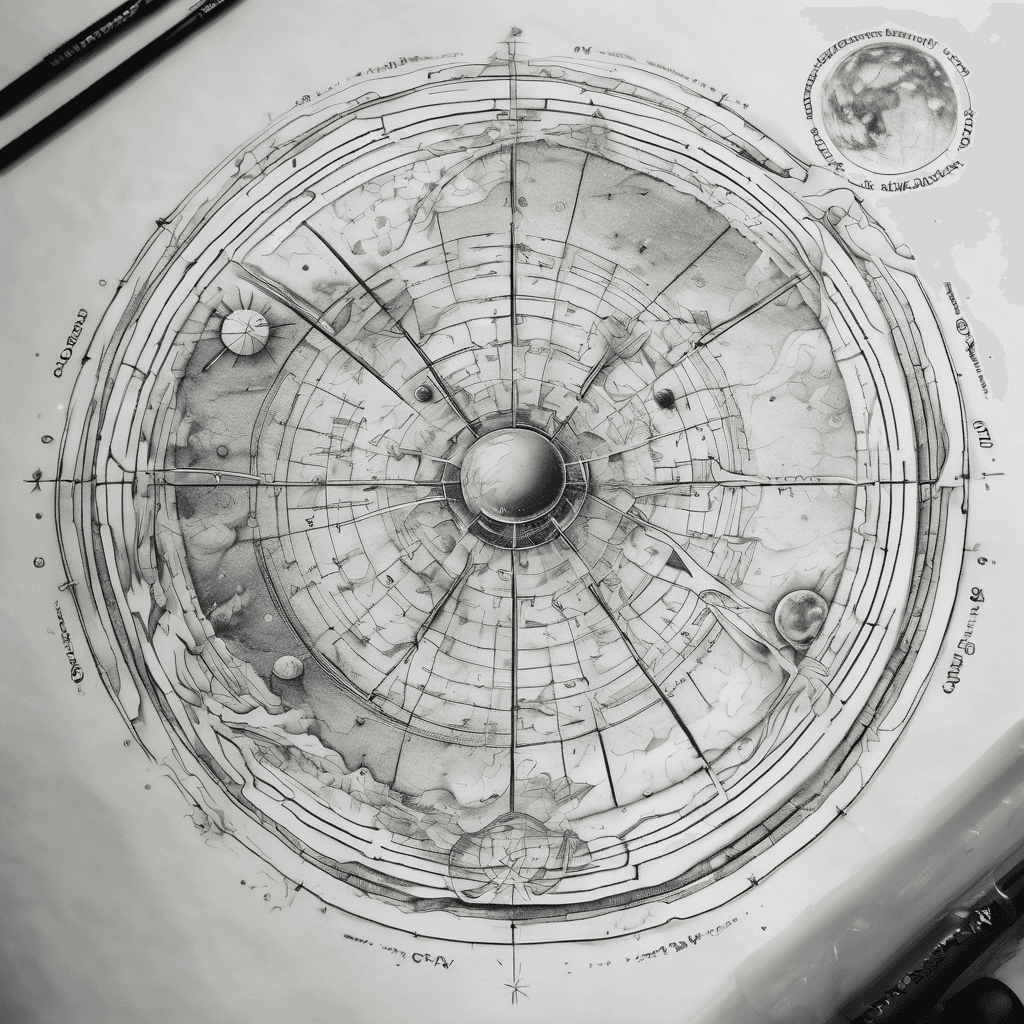 traditional yet modern astronomical map. outside of left forearm. along the ulna bone (the pinky side). beginning at elbow going all the way to the wrist. "big bang" element at the top end, with rays of energy radiating all the way along the design. in a solar wind kind of way. star elements along the way: - a big shiny (yet slightly eroded) one at about 22% the distance between elbow and wrist. - another (more delicate but "bright" in appearance) at 41%. - two little ones in tandem, revolving, shiny (pulsar like) at 55% - at 63% another one, gravitating from the outside of the design towards the center.