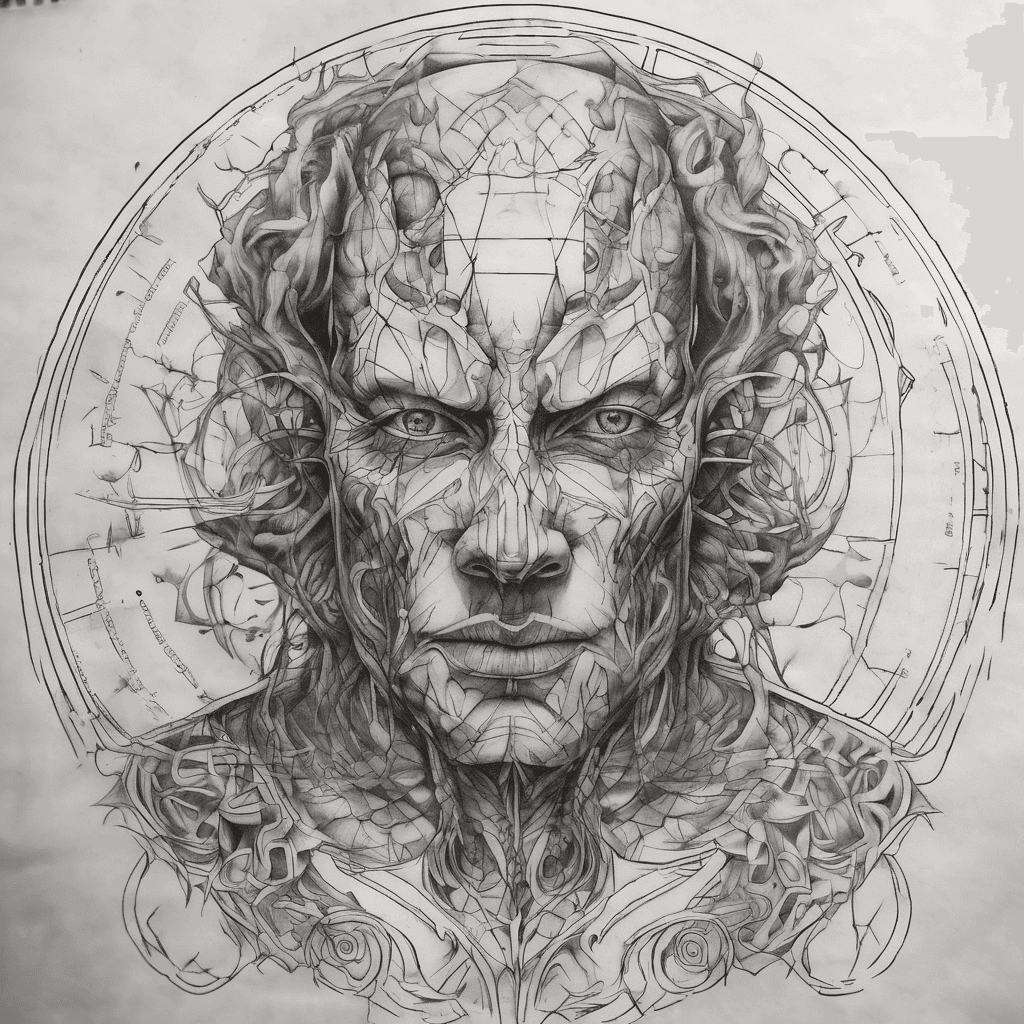 I want you to visualize me from the zeroth dimension to the 11th in a tattoo with geometric shapes, no exaggerations etc. and I want you to give me the stencil white background with what I ask of you. I want a little dark fantasy in it and a cosmic horror creature around ready to swallow it. I want the dimensions to be a design but more geometric not so strict but of the type as if it were a computer simulation. The tattoo will be in a straight line to go into the middle side of the hand. The general idea is to depict the reality of the dimensions we live in and to marry it with the cosmic horror of the unknown out there so the monster can be anything up to and including something that no one has ever thought of.