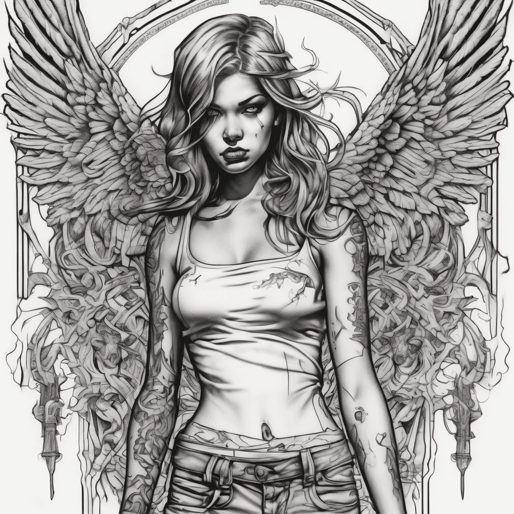 Gangster angel girl with bandanna on face walking into heavens gates with hell and the devil behind her chasing her