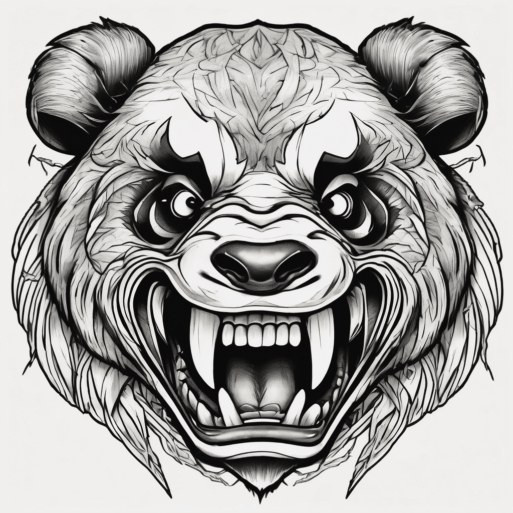 Bold neo-traditional style tattoo design of a massive, extremely aggressive snarling panda portrait. The panda is ferociously chomping on a thick bamboo stalk with giant, menacing, bared teeth and visible gums. Furrowed brows and intense, angry eyes dominate the face. Intertwined, tightly knotted, and tangled barbed wire loops wrap around the entire panda head and the bamboo stalk. Characteristics include thick black outlines, deep satirical blackwork shading, dotwork textures, and high contrast. Background is clean skin. Minimal accents of blood red in the eyes and pale green on the bamboo. Gritty, illustrative, powerful composition with roses