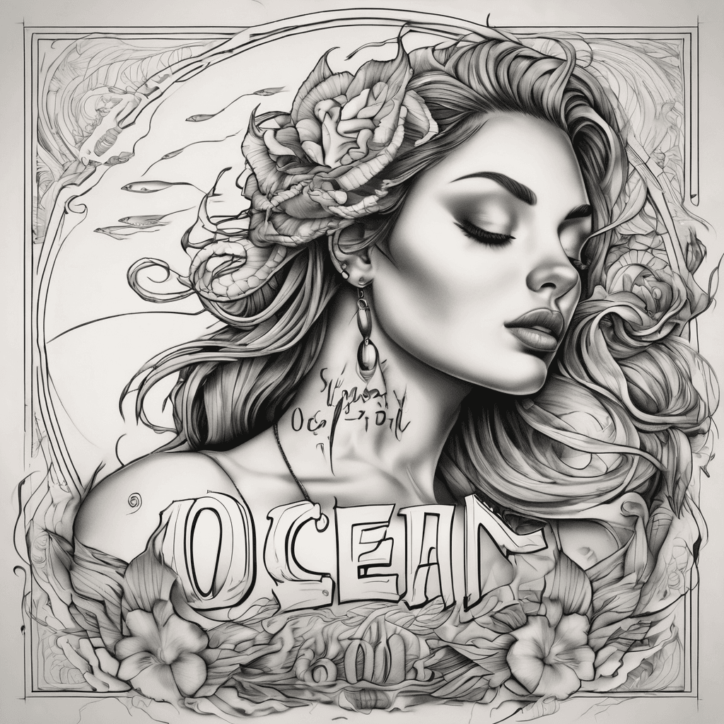 A beautiful tattoo design featuring the name "Ocean and Moana 10-06-2021" in elegant lettering